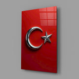 Chrome Crescent and Star on Red Glass Wall Art