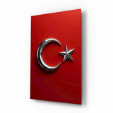 Chrome Crescent and Star on Red Glass Wall Art
