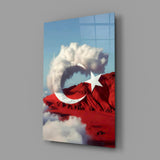 Cloud Crescent and Red Mountain Flag Surreal Glass Wall Art