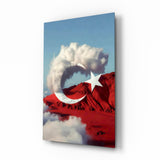 Cloud Crescent and Red Mountain Flag Surreal Glass Wall Art