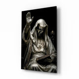 Silver Masked Oracle with Book Dark Glass Wall Art
