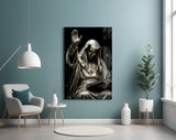 Silver Masked Oracle with Book Dark Glass Wall Art
