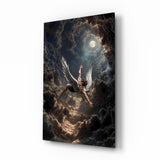 Icarus Falling Through Moonlit Clouds Glass Wall Art