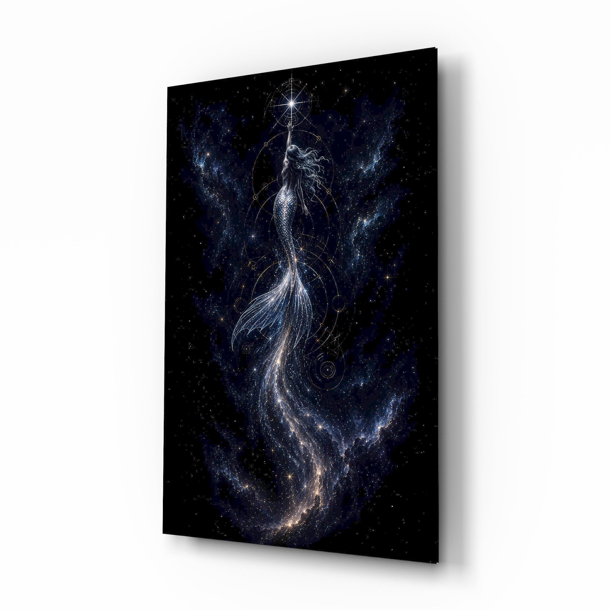 Celestial Mermaid Reaching for a Star Glass Wall Art