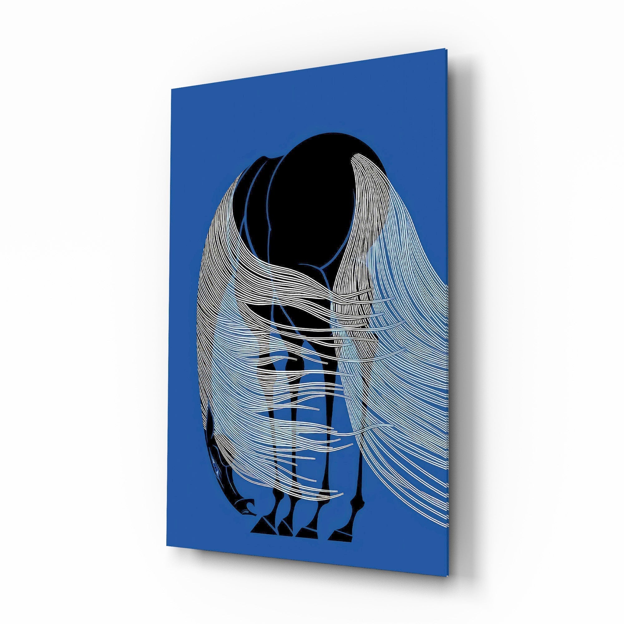 Horse with Flowing Mane Line Art on Blue Glass Wall Art
