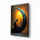 Solitary Figure on a Crescent Moon Surreal Glass Wall Art