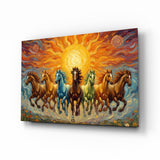 Seven Running Horses Under a Blazing Sun Glass Wall Art