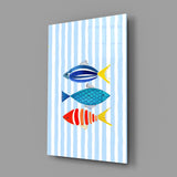 Three Striped Fish on Blue Stripes Coastal Glass Wall Art