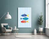 Three Striped Fish on Blue Stripes Coastal Glass Wall Art