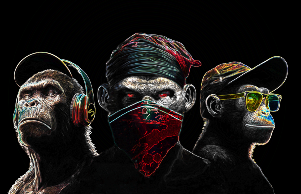 3 Wise Monkeys - Neon Lines Glass Wall Art  || Designer Collection