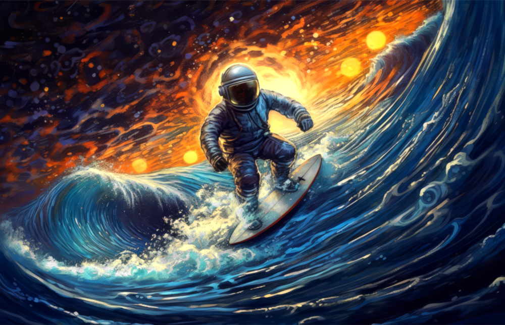 Surfing in Space Glass Wall Art || Designer Collection