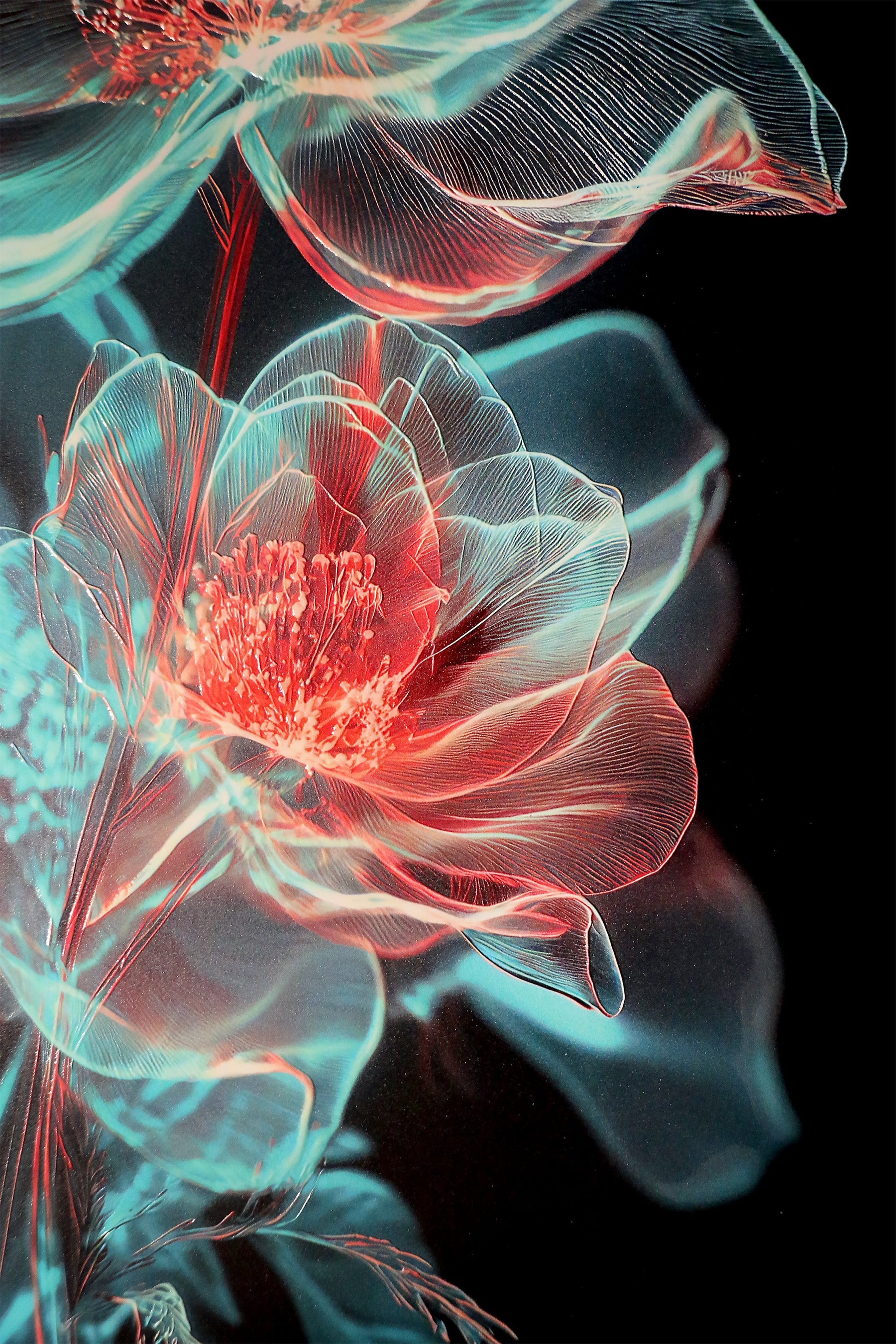 Cyan Ether Blooms — 3D Haptic Embossed High-Gloss Luxury Wall Art