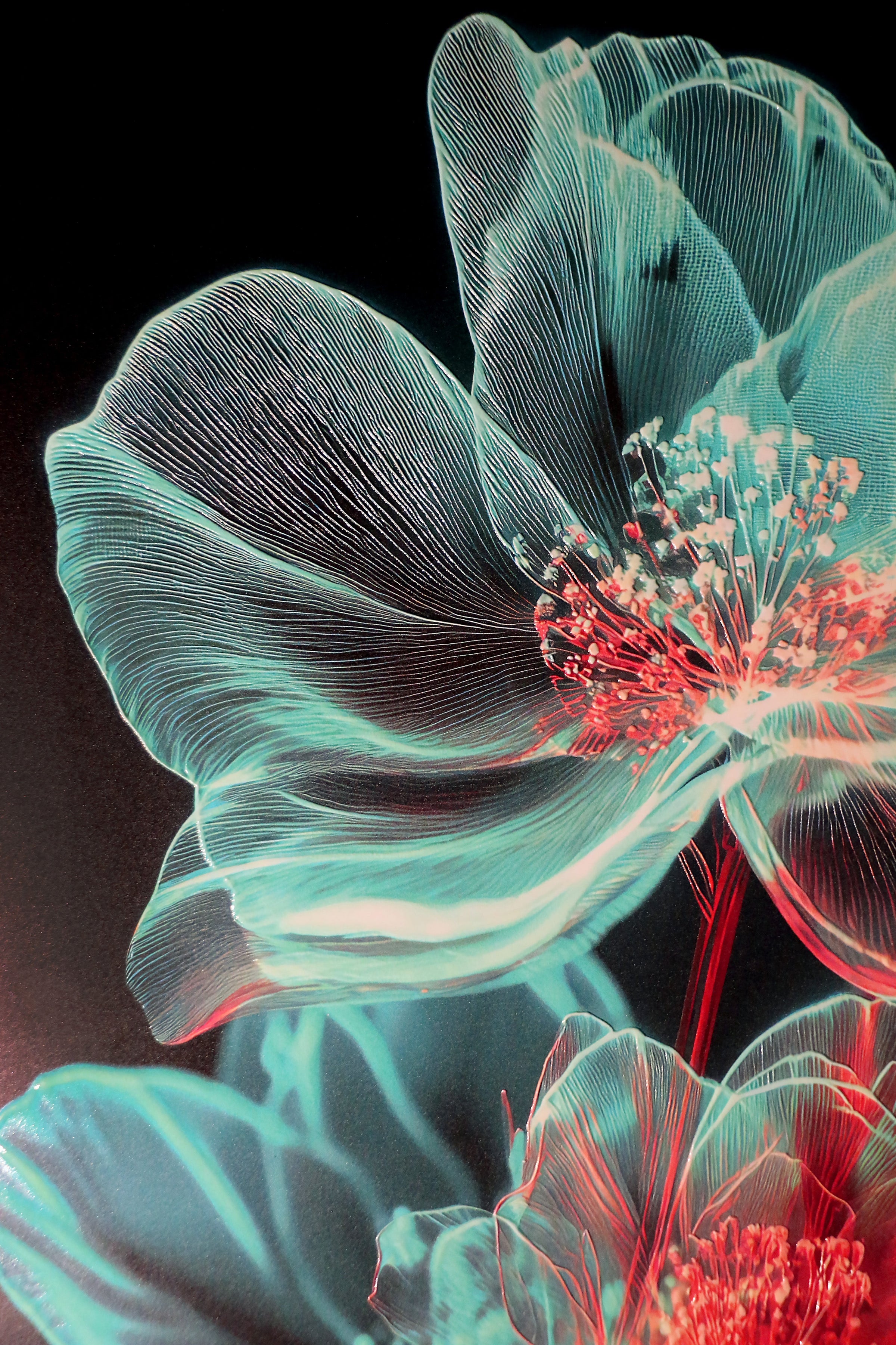 Cyan Ether Blooms — 3D Haptic Embossed High-Gloss Luxury Wall Art