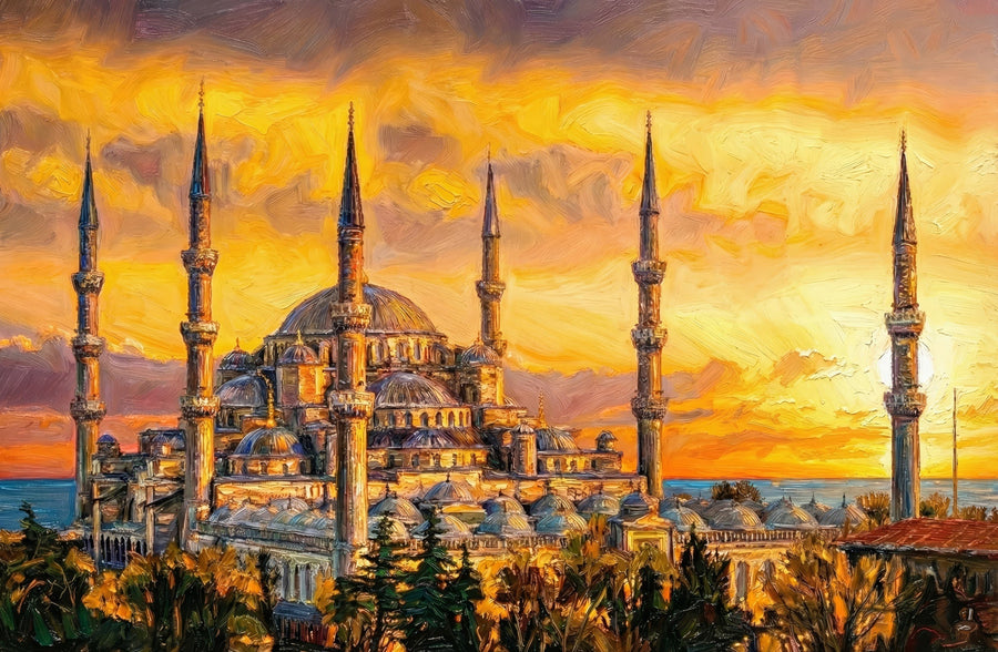 Golden Sunset Serenade: Sultan Ahmed Mosque — 3D Haptic Embossed High-Gloss Luxury Wall Art