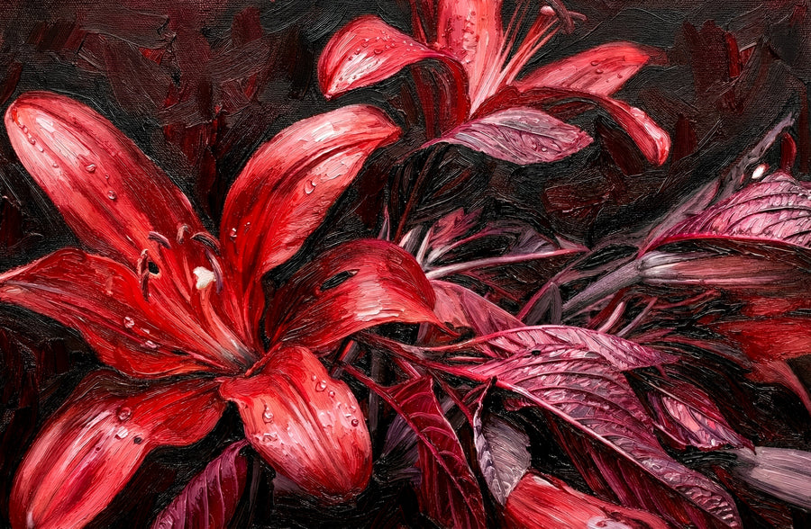 Crimson Velvet Lilies — 3D Haptic Embossed High-Gloss Luxury Wall Art