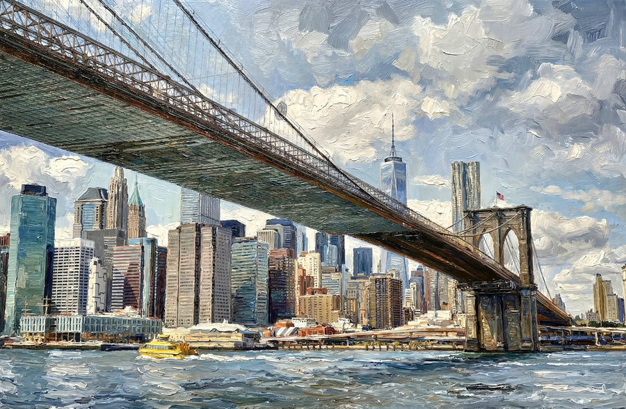 Gotham’s Golden Gateway: Brooklyn Bridge — 3D Haptic Embossed High-Gloss Luxury Wall Art