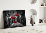 Red Umbrellas Glass Wall Art.