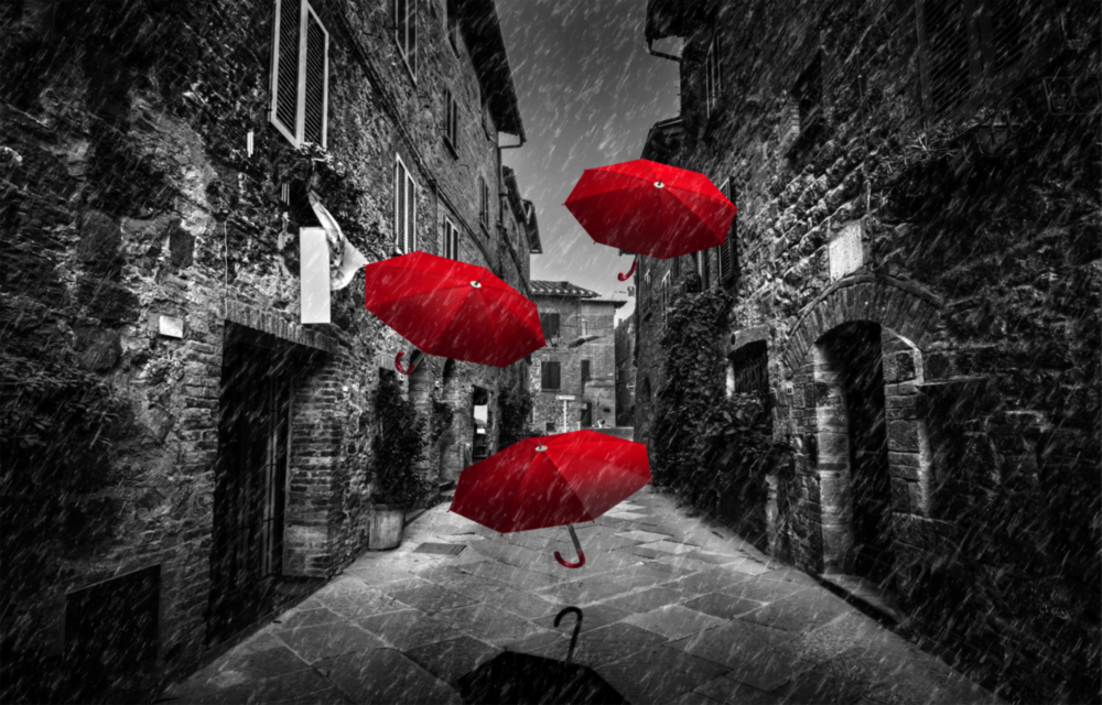 Red Umbrellas Glass Wall Art