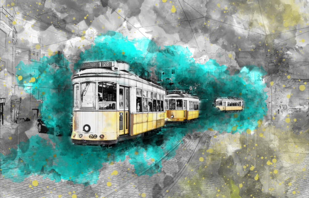 Illustration Tram Glass Wall Art