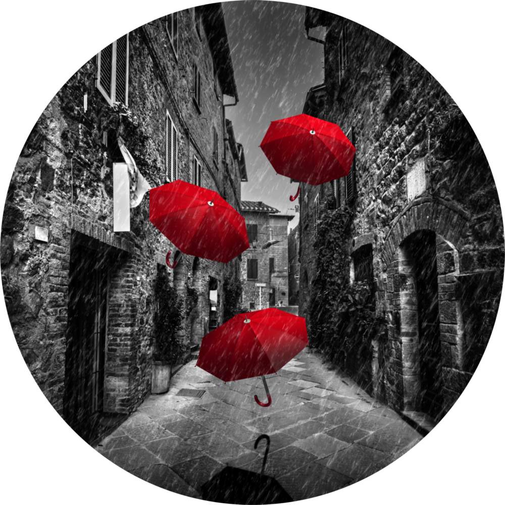 Red Umbrellas Glass Wall Art