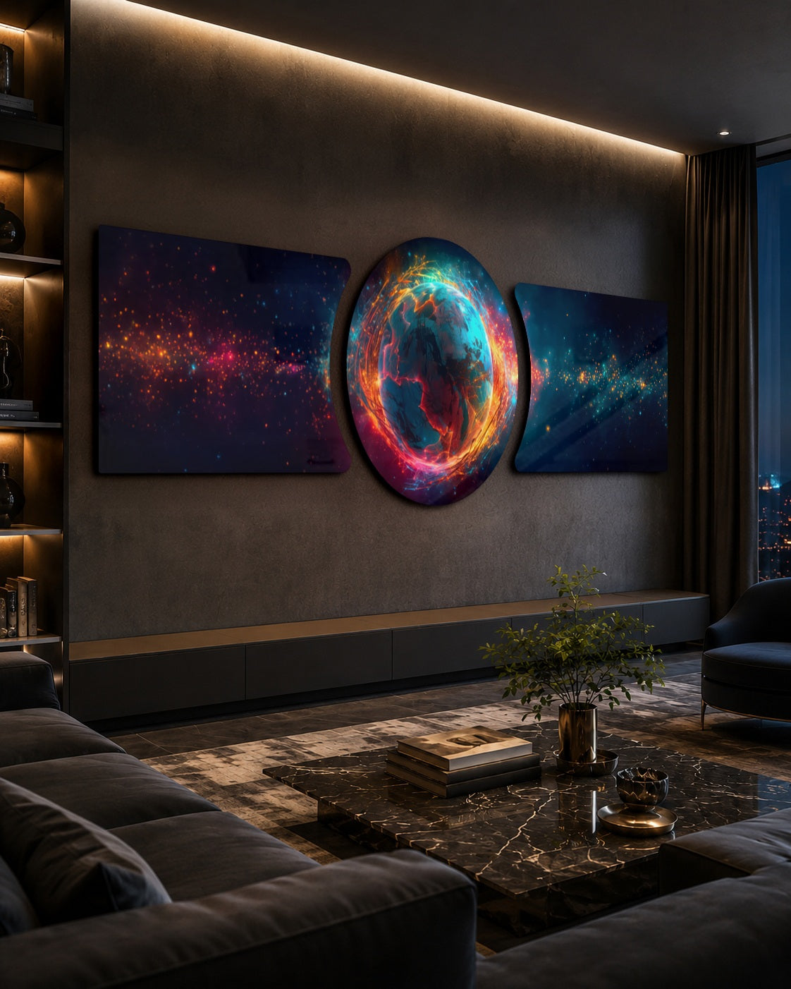 Glowing Cosmic Planet 3 Piece Glass Wall Art