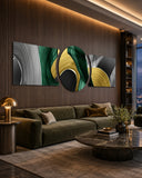 Emerald Gold Brushstroke Swirls 3 Piece Glass Wall Art