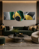 Emerald Gold Brushstroke Swirls 3 Piece Glass Wall Art