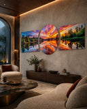 Fiery Sunset Lake Mirror Reflection 3 Piece Glass Wall Art