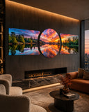 Fiery Sunset Lake Mirror Reflection 3 Piece Glass Wall Art