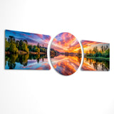 Fiery Sunset Lake Mirror Reflection 3 Piece Glass Wall Art