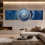 Blue Silver Exploding Starburst Shards 3 Piece Glass Wall Art