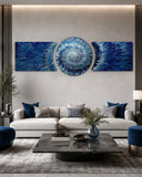 Blue Silver Exploding Starburst Shards 3 Piece Glass Wall Art