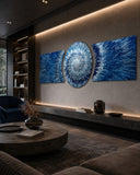 Blue Silver Exploding Starburst Shards 3 Piece Glass Wall Art