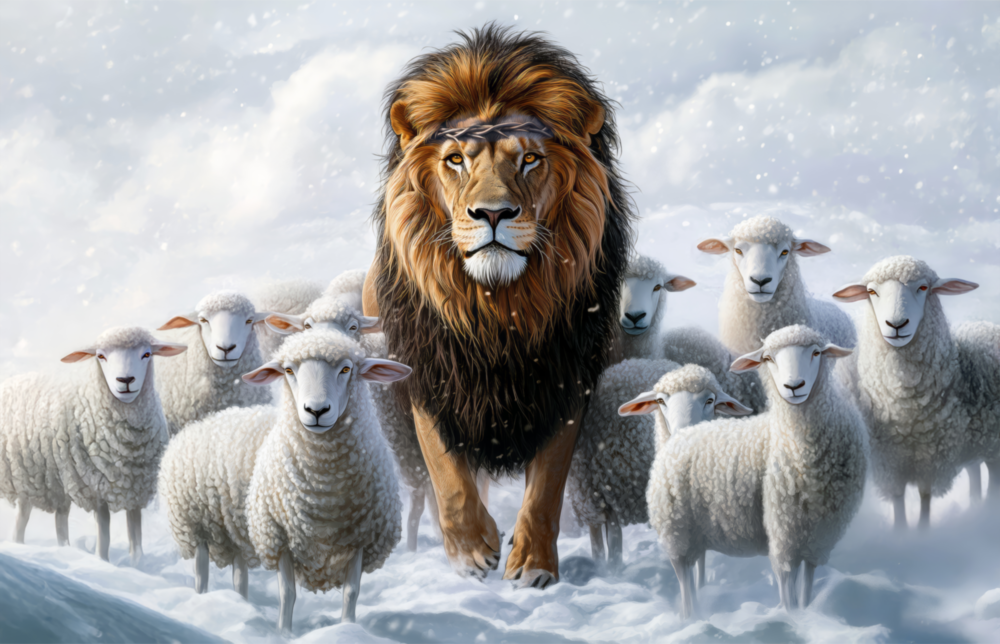 The Lion and the Lambs: Snowy Kingdom Glass Wall Art || Designer Collection