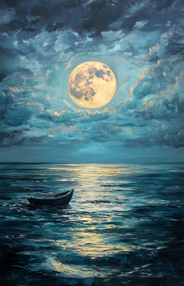 Boat in the Full Moon Glass Wall Art || Designer Collection