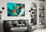 Ethereal Turquoise Gold Splash Glass Wall Art