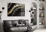 Elegant Black Gold Marble Swirl Glass Wall Art