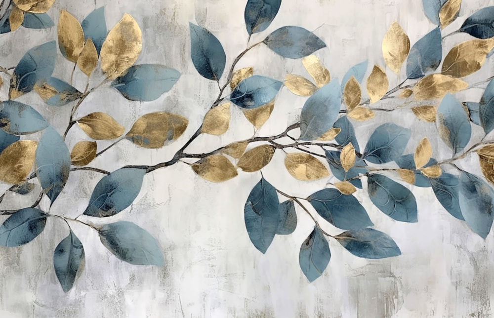 Elegant Gold & Blue Leaves Glass Wall Art
