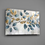 Elegant Gold & Blue Leaves Glass Wall Art
