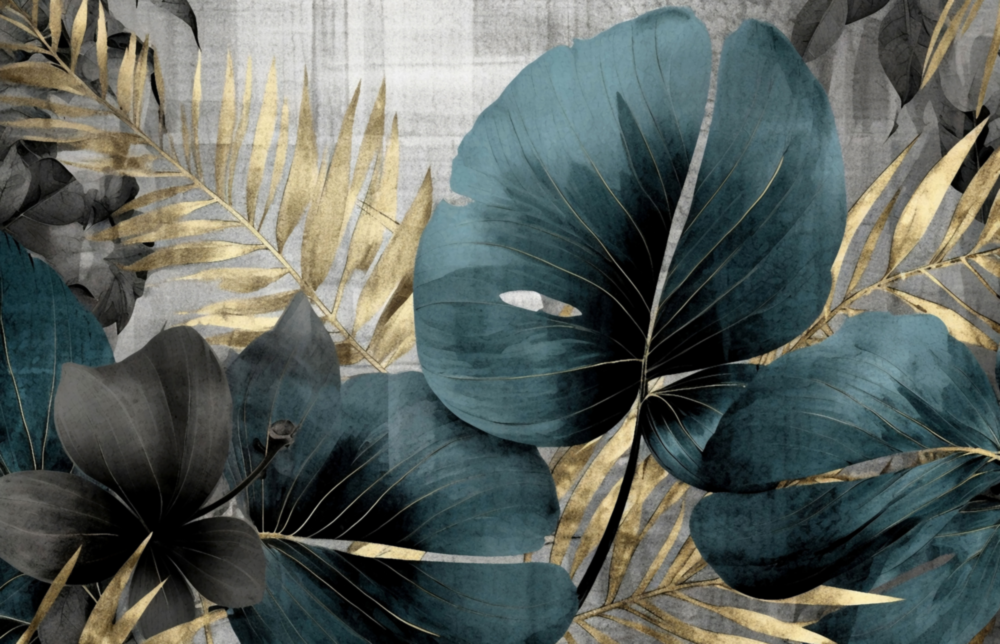 Elegant Teal & Gold Leaf Glass Wall Art