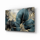 Elegant Teal & Gold Leaf Glass Wall Art