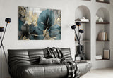 Elegant Teal & Gold Leaf Glass Wall Art