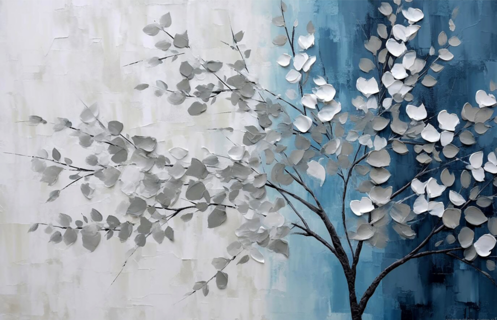 Elegant Silver Tree on Blue Glass Wall Art