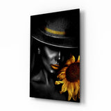 Elegant Lady with Sunflower Glass Wall Art