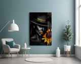 Elegant Lady with Sunflower Glass Wall Art