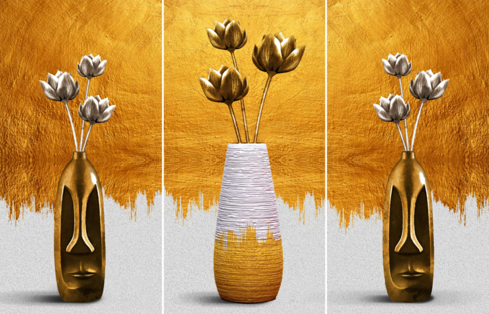 Elegant Gold Tulips in Vases Glass Wall Art