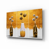 Elegant Gold Tulips in Vases Glass Wall Art