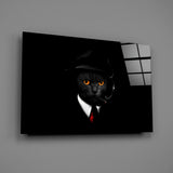 Elegant Black Cat in Suit Glass Wall Art