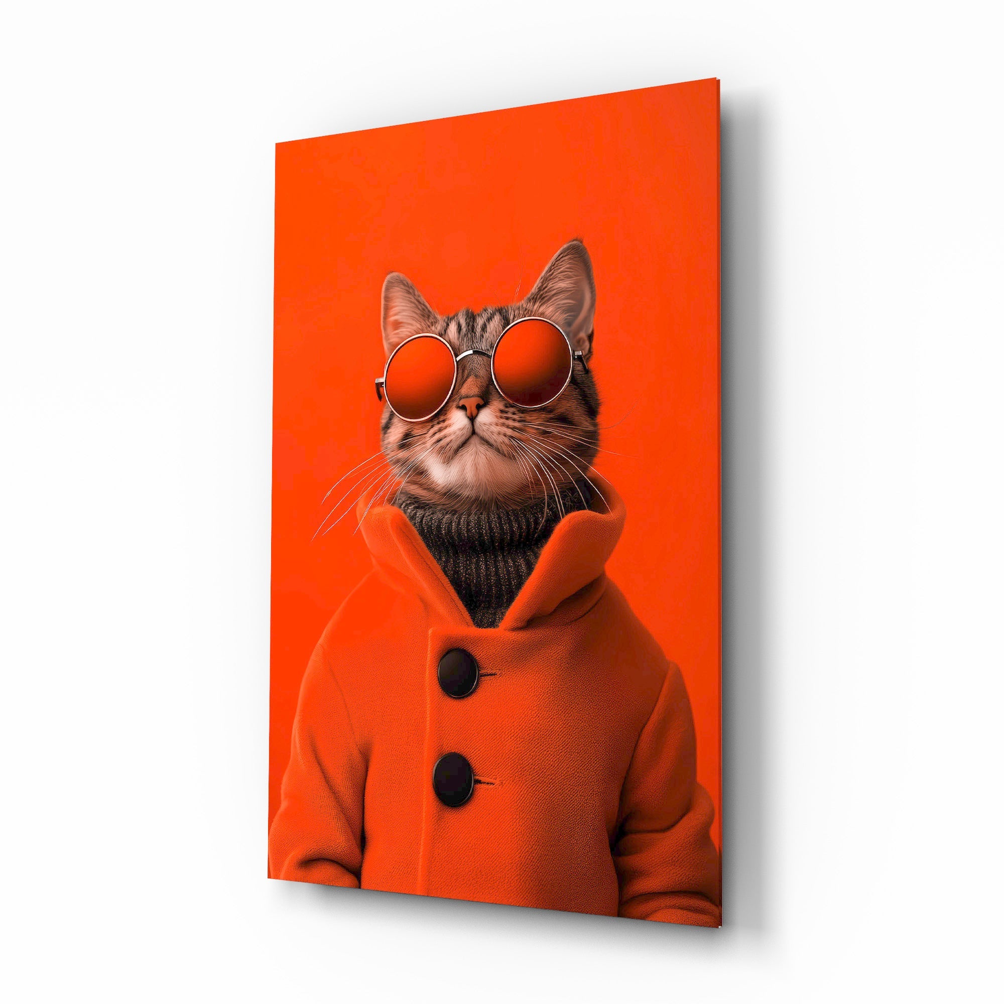 Cool Cat in Red Coat Glass Wall Art