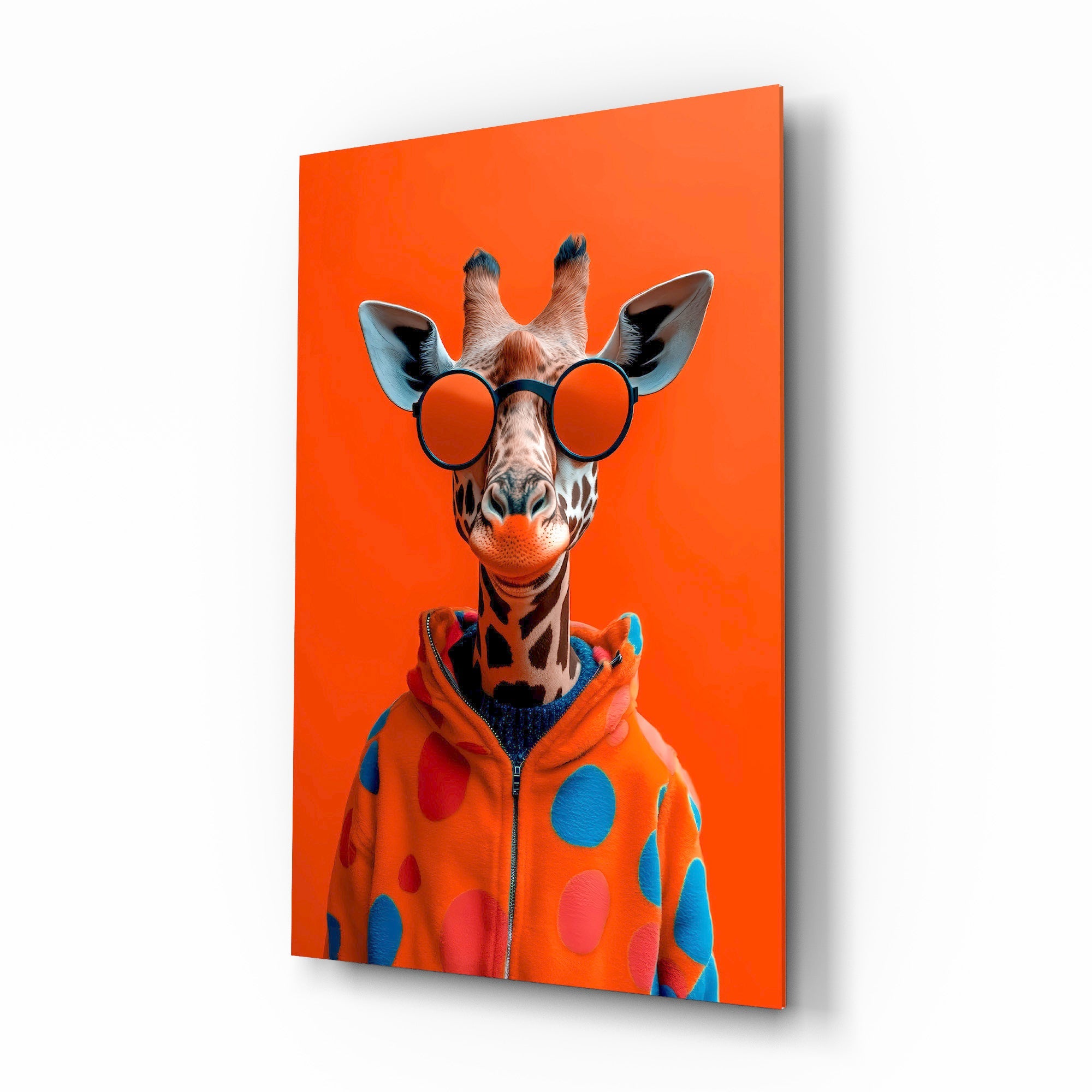 Giraffe in Red Polka Dot Hoodie Glass Wall Art